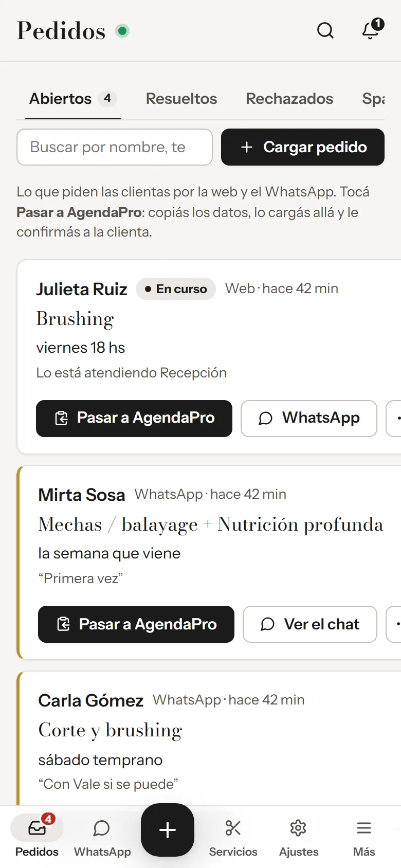 Bandeja de pedidos de La Tête Maison en el celular de recepción
