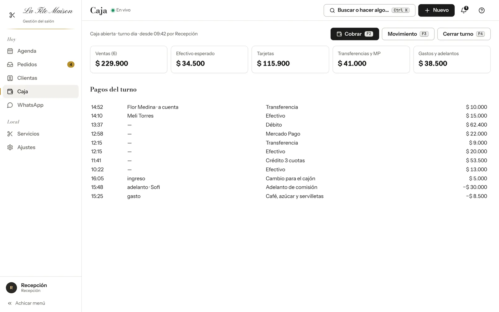 Caja. Caja abierta con totales en vivo: ventas, efectivo esperado, tarjetas, transferencias y Mercado Pago, gastos y adelantos.