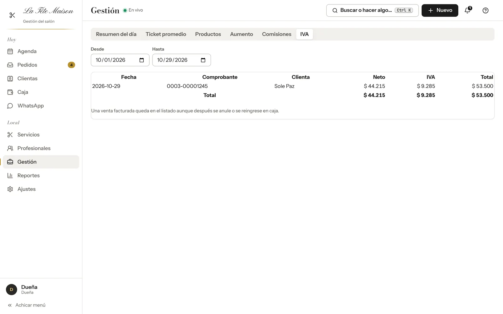 IVA. Listado de ventas facturadas con neto, IVA y total. Una venta facturada queda en el listado aunque después se anule.