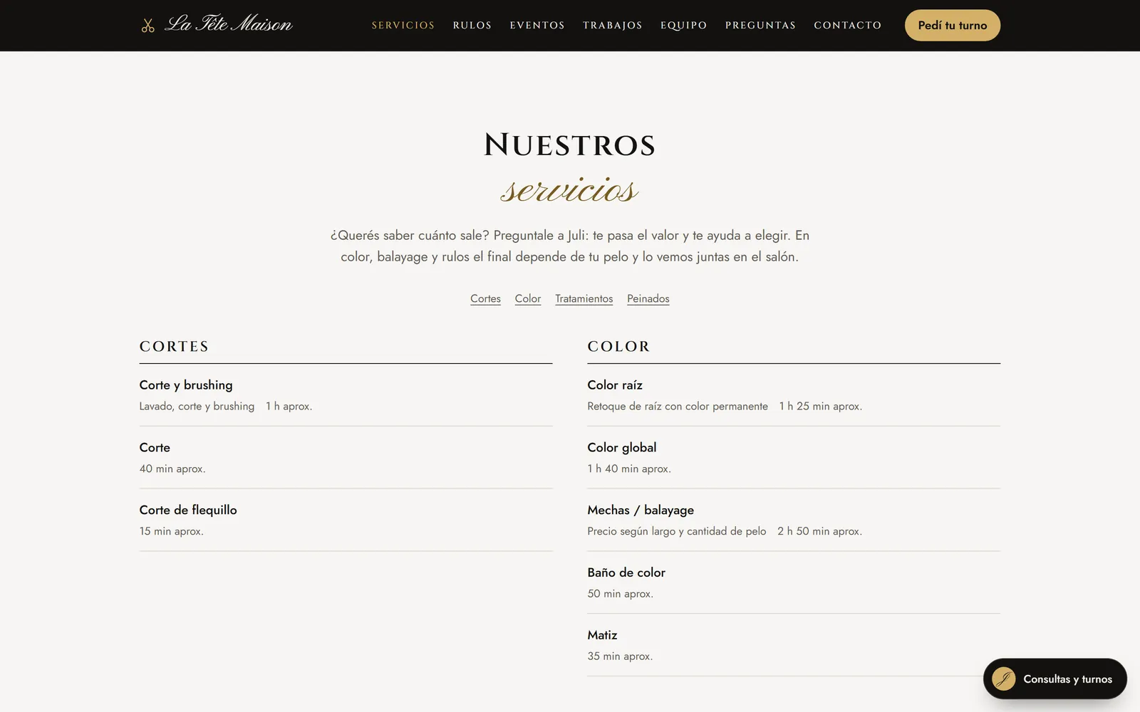 Servicios. Los servicios salen del sistema: si la dueña agrega uno, la web se actualiza sola. Los precios los da Juli.